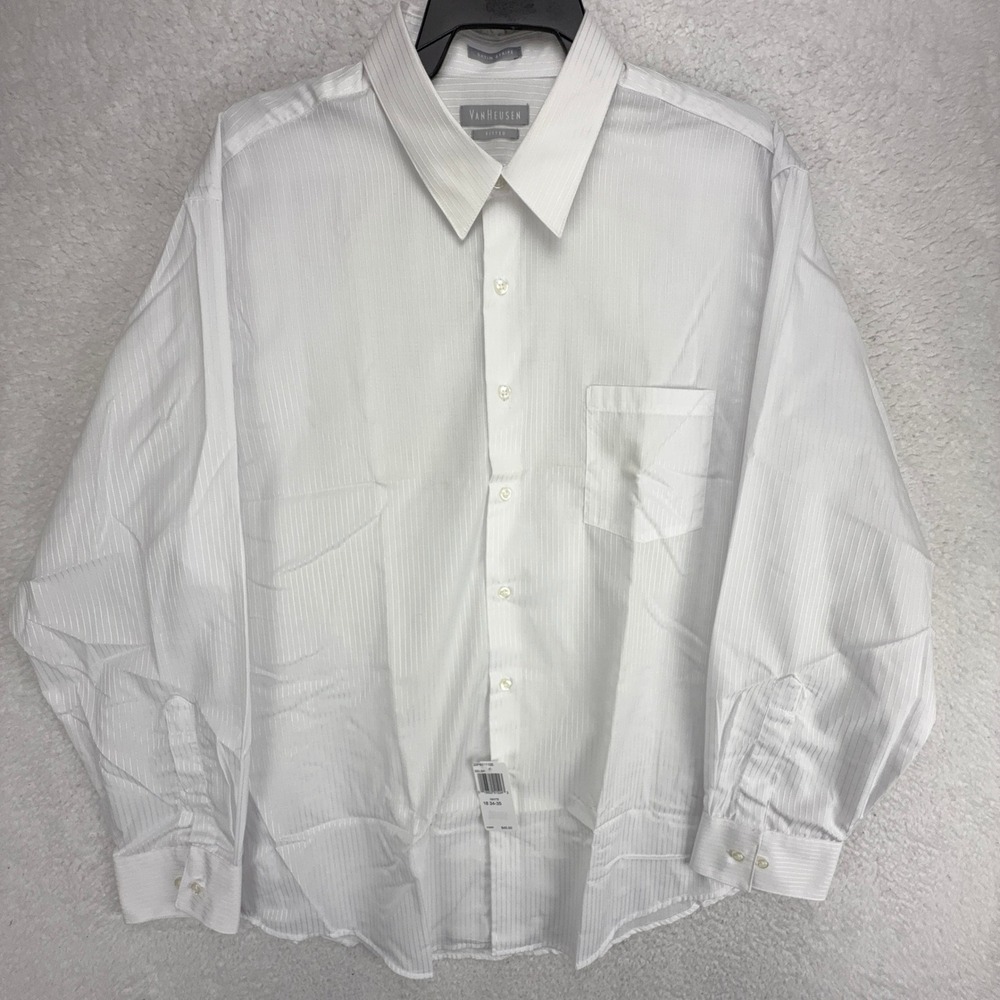 Van Heusen Mens White Satin Stripe Fitted Dress Shirt 18 34/35 Wrinkle Free NEW